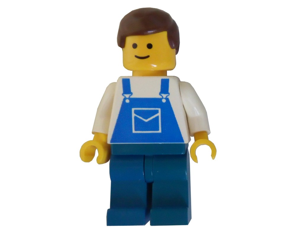 LEGO Set Fig 001148 White Torso Blue Overalls Brown Hair 3626a Head