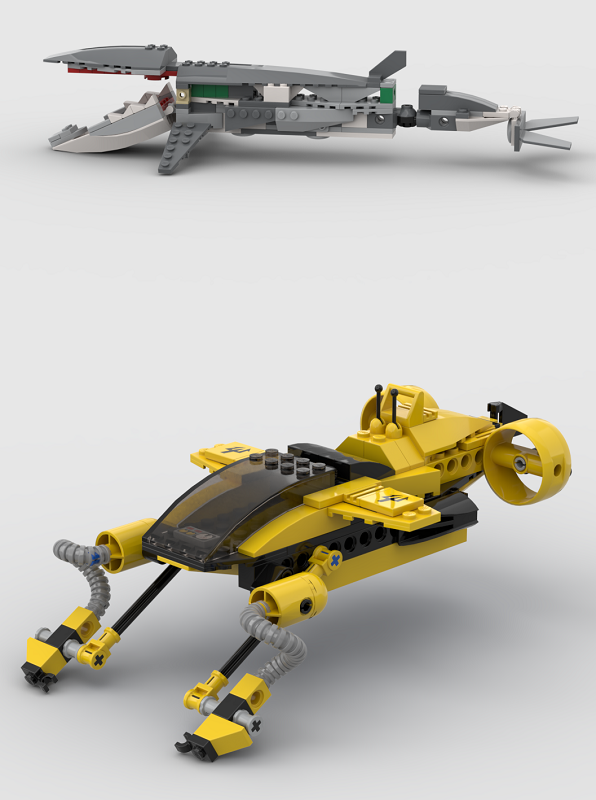 whale and research submarine