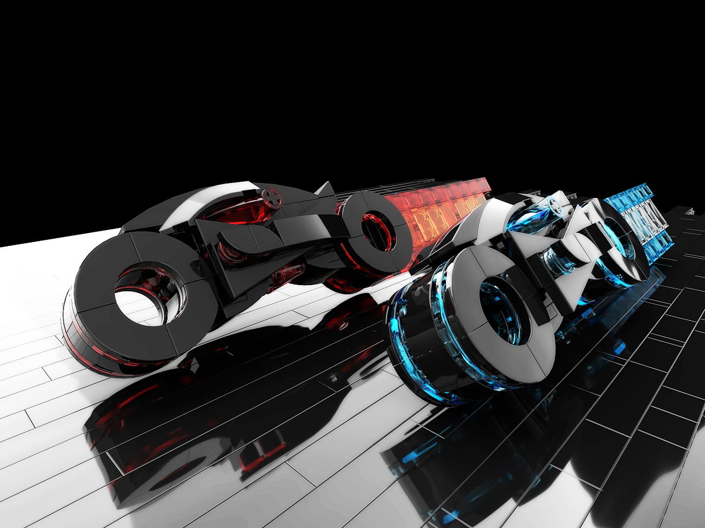 E773 tron-inspired light-cycle minifig scale, red and blue