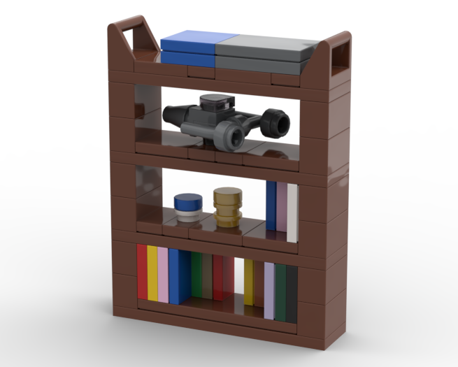 Lego Bookshelf with mini R2_D2, C3PO, and Mando's N1 starfighter