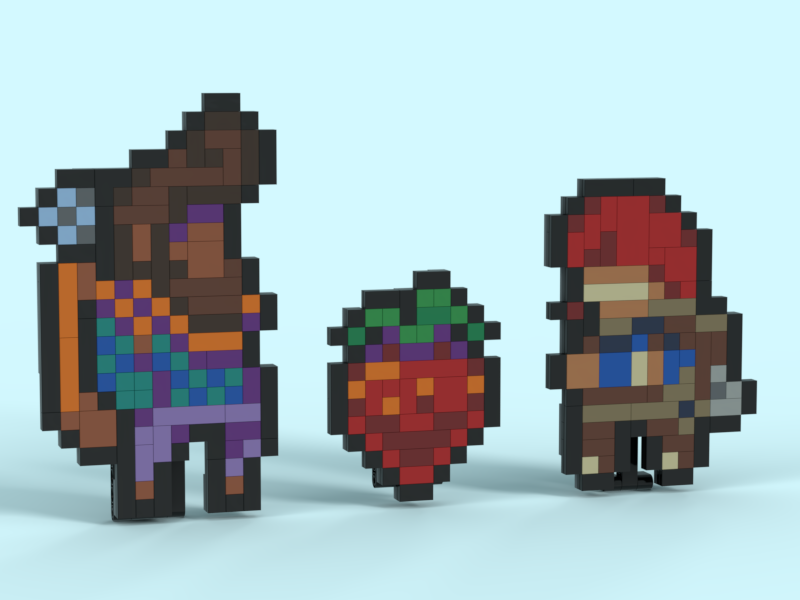 Pixel art from Celeste! (Madeline, Theo and strawberry)