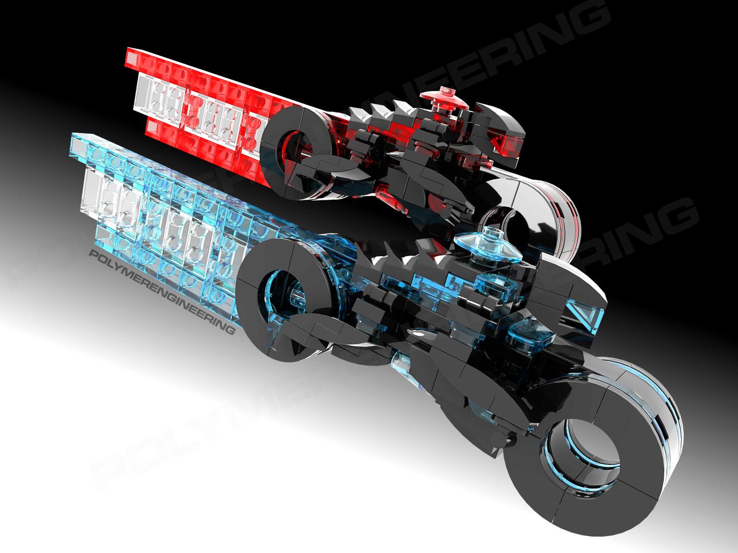 E765 tron-inspired light cycle with rider, red and blue, $5 off this weekend