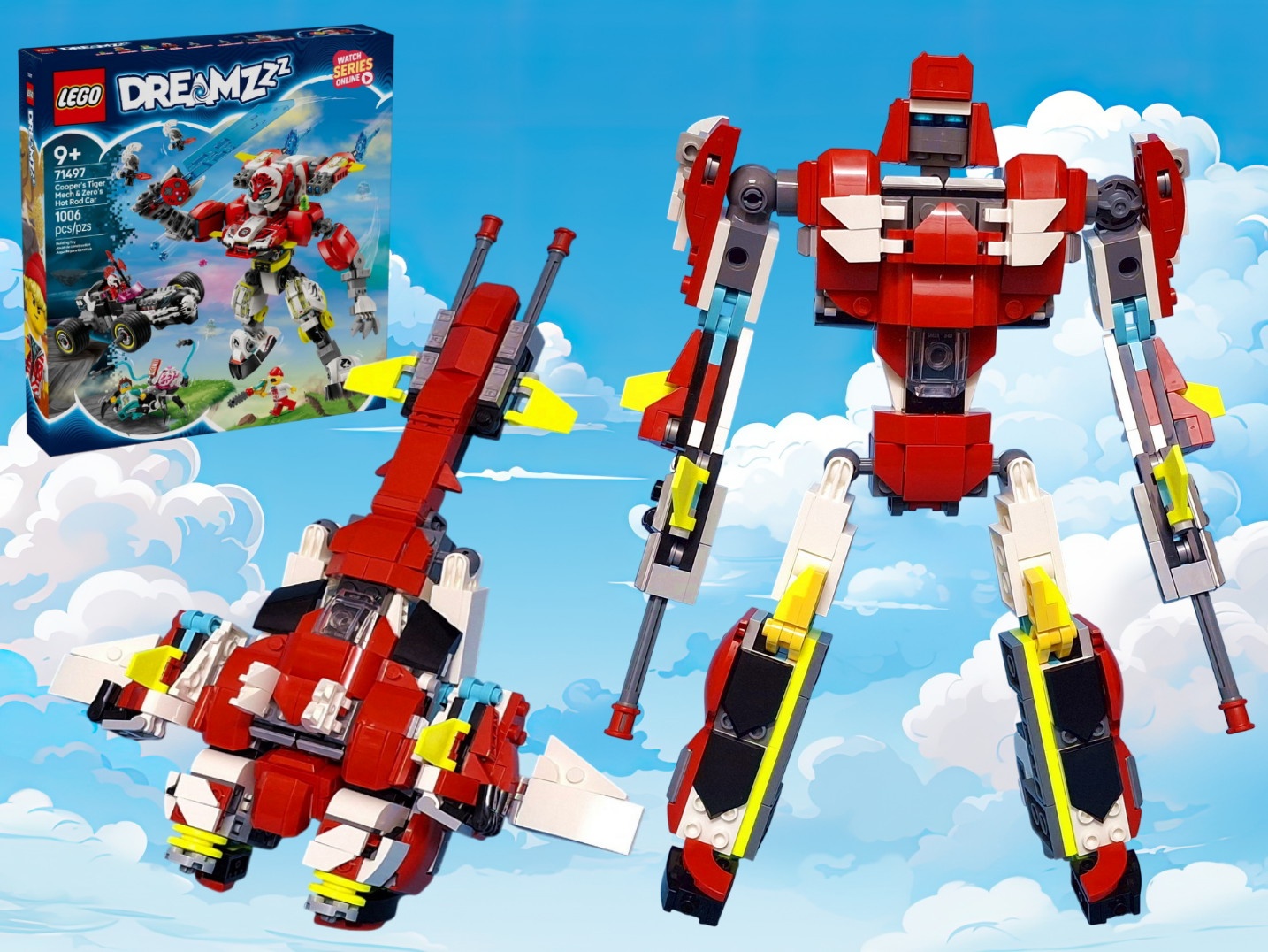 Transformer Cybertronian Jet / Brainstorm, built using LEGO Dreamzzz 71497: Cooper's Tiger Mech and Zero's Hot rod car alternate build