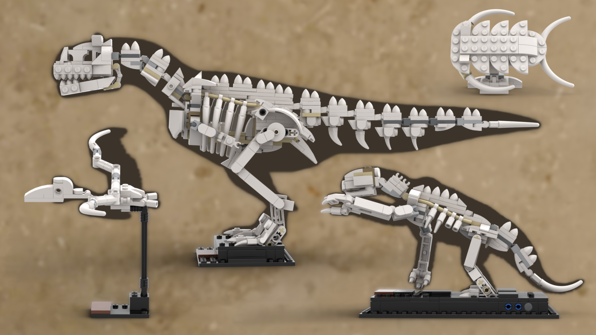 Carnotaurus, Megalonyx (Ground Sloth) &amp; Pelagornis Skeleton + Trilobite - Alternative Build for 21320 Dinosaur Fossils
