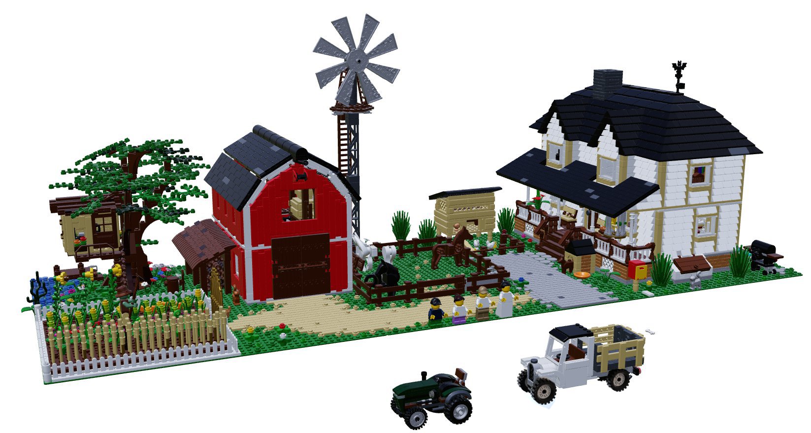 Big Farm with living house, barn, wind wheel, tree, tractor and transporter