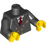 Torso Double Breasted Suit with Gold Buttons and Airplane Logo Pin, Red Tie Print, Black Arms, Yellow Hands