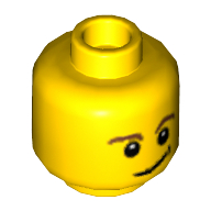Minifig Head, Brown Eyebrows, Black Eyes with White Pupils, Crooked Smile with Black Dimple Print