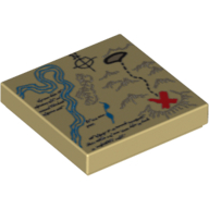 Tile 2 x 2 with Map River, Dark Tan Mountains, Handwriting and Red X Print