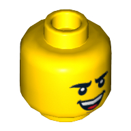 LEGO part Minifig Head, Curved Eyebrows, Brown Chin Dimple, Laughing / Worried Print