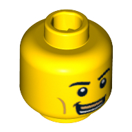 Minifig Head Boxer, Eyebrows, White Pupils, Open Smile with Gold Upper Row Teeth / Black Eye, Crooked Lips and Sad Look Print
