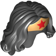 Hair and Tiara, Long Wavy, Gold Tiara with Red Star Print (Wonder Woman)