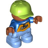 Duplo Figure Child with Cap Lime, with Blue Shirt with 'SKATE' print - Medium Nougat Face and Hands - Medium Blue Legs
