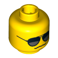LEGO part Minifig Head Glasses with Black and Silver Sunglasses, Chin Dimple, Grim Mouth Print [Blocked Open Stud]