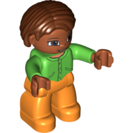 Duplo Figure Bob / Pageboy Hair Reddish Brown, with Medium Nougat Face - Bright Green Top with Buttons and Pockets - Orange Legs
