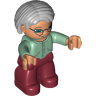 LEGO part Duplo Figure Bob / Pageboy Hair Light Gray, with Dark Red Legs, Sand Green Sweater, Green Eyes, Glasses