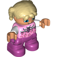 Duplo Figure Child with Pigtails Tan, with Bright Pink Top with Flowers and White Sleeves - Magenta Legs