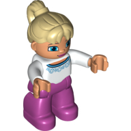 Duplo Figure with Ponytail Tan, with Blue Eyes, White Top with Blue Trim Design and Magenta Legs