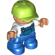 Duplo Figure Child with Cap Lime, with White Shirt under Blue Coveralls with Pocket - Freckles - Blue Legs