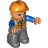 Duplo Figure with Construction Helmet Orange, with Orange Vest over Blue Long Sleeve Shirt, Nougat Face and Hands, and Dark Bluish Gray Legs