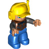 Duplo Figure with Headset and Cap Yellow, with Brown Vest with Zippers over Black Shirt, Blue Legs