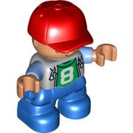 Duplo Figure Child with Cap Red, with Light Bluish Gray Top with Medium Blue Sleeves over Green Shirt with '8' - Nougat Face and Hands - Blue Legs