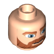 Minifig Head Obi-Wan Kenobi, Dual Sided, Beard Thick with Lines, Brown Eyebrows, Moustache, Large Blue Eyes, Smile / Angry Print [Hollow Stud]