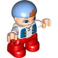Duplo Figure Child with Bandana Medium Blue, with White Top with Blue Vest Print, Light Nougat Face and Hands, Red Legs (Cubby)