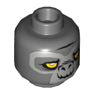 Minifig Head Grumlo, Dual Sided, Gorilla with Yellow Eyes and Gray Face Closed Mouth / Crooked Smile Print [Hollow Stud]