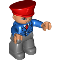 Duplo Figure with Police Style Hat Red, with Dark Bluish Gray Legs, Blue Jacket with Tie, Smile with Teeth (Train Conductor)