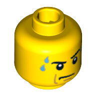 Minifig Head, Stern Eyebrows, White Pupils, Frown, Sweat Drops Print [Blocked Open Stud]