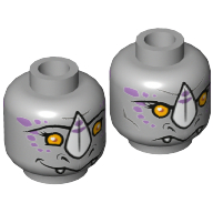 Minifig Head Rinona, Dual Sided, Rhinoceros with Orange Eyes, Purple Markings and White Horn, Neutral / Happy Print [Hollow Stud]
