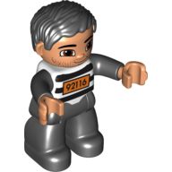 Duplo Figure with Parted Wavy Hair Black, Black and White Striped Top with '92116' (Prisoner)