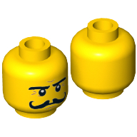 Minifig Head Severin Black, Moustache Curly Long, Stern Eyebrows, White Pupils Print [Hollow Stud]