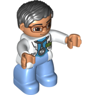 Duplo Figure with Parted Wavy Hair Black, with Glasses, Medic with Medium Blue Legs, Lab Coat and Stethoscope Print