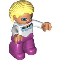 Duplo Figure Bob / Pageboy Hair Light Yellow, with Magenta Legs, White Sweater with Blue Print, Blue Eyes