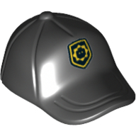 Hat / Cap Short Curved Bill with Seams on Peak and Button on Top with Yellow Badge and Minifig Head Print
