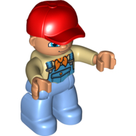 Duplo Figure with Cap Red, with Tan Shirt and Orange Bandana (Scarf) under Blue Coveralls - Medium Blue Legs