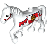 Duplo Animal Horse with one Stud and Raised Hoof with Red Bridle & Lion on Shield Print