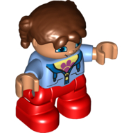 Duplo Figure Child with Pigtails Reddish Brown, with Medium Blue Jacket over Shirt with Pink Flower - Red Legs