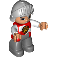 Duplo Figure with Knight Helmet, with Dark Bluish Gray Legs, Red and White Chest with Lion on Shield