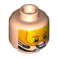 Minifig Head, Dual Sided, Orange Visor, Brown Eyebrows, Chin Strap, Headset, Smiling / Scared Print [Hollow Stud]