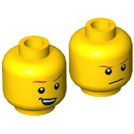 Minifig Head Max Burns, Dark Orange Eyebrows, Crooked Smile with Teeth / Determined, Closed Mouth Print