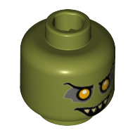 LEGO part Minifig Head, Orange Eyes with White Pupils, Black Eyebrows, Open Smile with Pointed Teeth Print