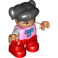 Duplo Figure Child with Ponytails and Bangs Black, with Red Legs, Nougat Face and Hands, Bow Print