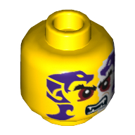 Minifig Head Sleven, Eyebrows, Red Eyes, Purple and White Snakes Tattoo, Open Mouth with Fangs Print [Hollow Stud]