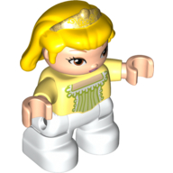 Duplo Figure Child, Hair with Bangs Yellow, Pearl Gold Crown Print, White Legs (Princess Amber)