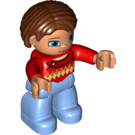 Duplo Figure Bob / Pageboy Hair Reddish Brown, Sweater with Diamond print - Medium Blue Legs