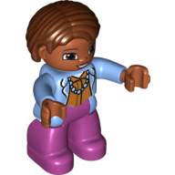 Duplo Figure Bob / Pageboy Hair Reddish Brown, with Magenta Legs, Medium Blue Top with Necklace