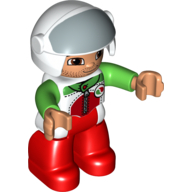 Duplo Figure with Helmet with Open Visor, White Helmet, Red Legs, Race Top with Octan Logo, and Bright Green Arms