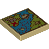 Tile 2 x 2 with Map Blue and Green with Sailing Ship, Treasure Chest and Red 'X' Print